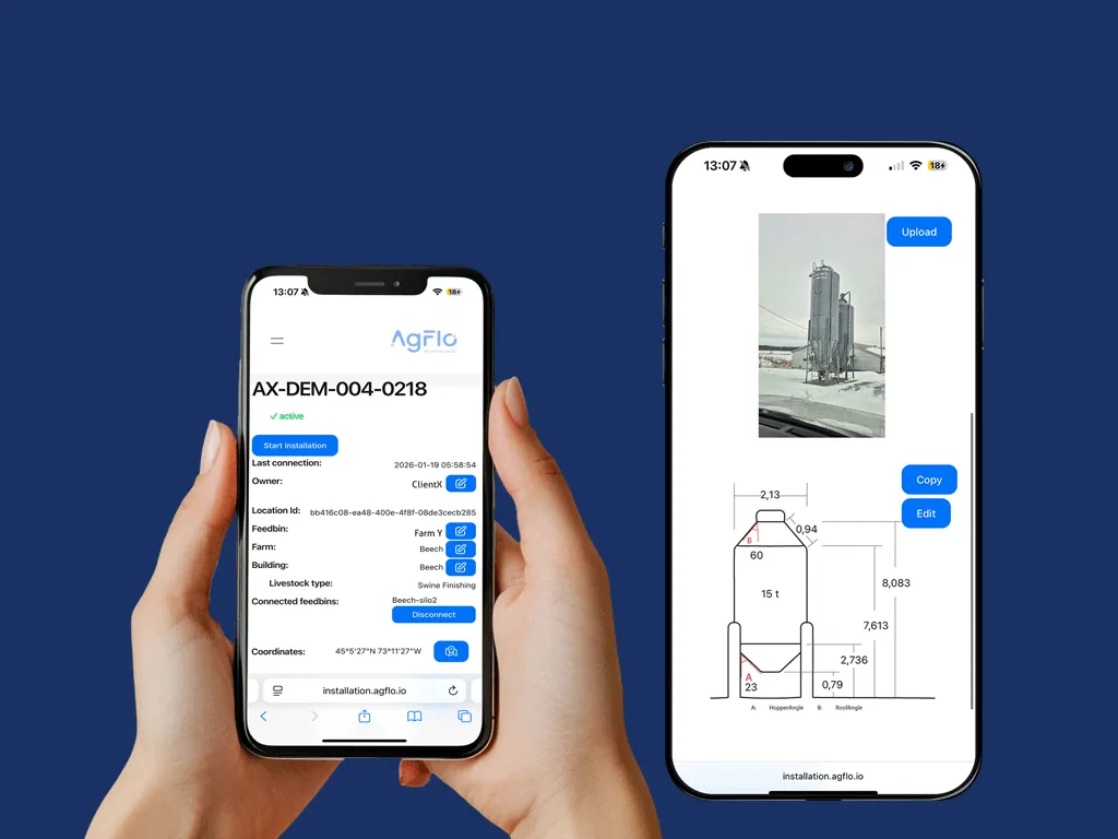 Deux téléphones affichant l'application AgFlo : fiche d'installation d'un silo et photo du site